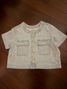 Light Wash Denim Cropped Button Front Top with Gold Buttons